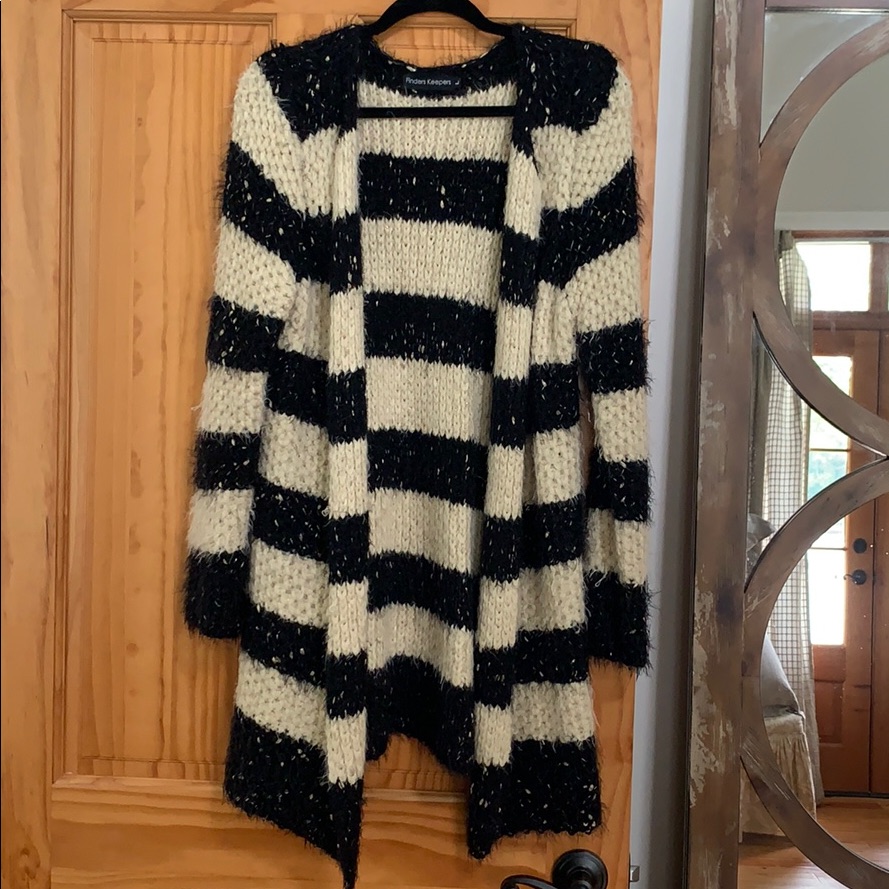Black And Cream Cardigan With Gold Woven Through